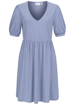 VILA Damen 1/2 Arm V-Neck Struktur Kleid English Manor Blau