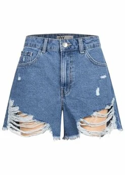 JACQUELINE DE YONG JDY By ONLY Damen High-Waist Jeans Shorts 5-Pockets Heavy Destroy Details Hell Blau Den.
