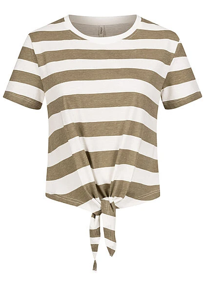 ONLY Damen T-Shirt Mit Knotendetail Und Streifen Grün Weiss 1 ONLY Damen T-Shirt Mit Knotendetail Und Streifen Grün Weiss