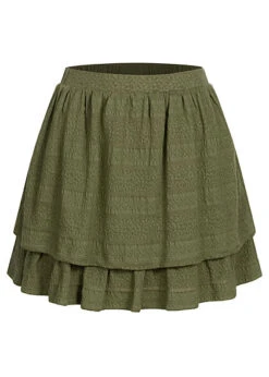 VILA Damen High-Waist Mini Stufenrock 3-lagig Struktur Muster Four Leaf Clover Oliv