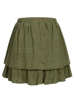 VILA Damen High-Waist Mini Stufenrock 3-lagig Struktur Muster Four Leaf Clover Oliv -Onlyy Kleidung Geschaft 22040317 2