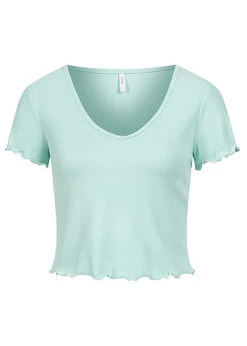 ONLY Damen Ribbed V-Neck Crop Top T-Shirt Mit Frilldetails Pastel Turquoise