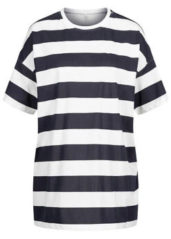 ONLY Damen Oversized T-Shirt Top Mit Streifen Navy Blau Weiss
