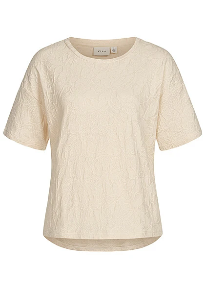 VILA Damen T-Shirt Top Strukturstoff Mit Blumenmuster Birch Beige 1 VILA Damen T-Shirt Top Strukturstoff Mit Blumenmuster Birch Beige