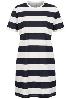 ONLY Damen T-Shirt Kleid Mit Rundhals Und Streifen Navy Blau Weiss
