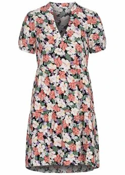 ONLY Damen Volant Kleid Mit V-Neck Und Blumen Print Schwarz Multicolor
