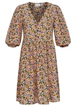 VILA Damen 3/4 Arm V-Neck Viskose Kleid Mit Knopfleiste & Blumen Print Schwarz Mc