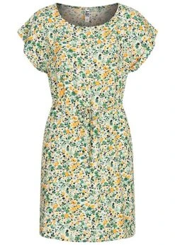 JACQUELINE DE YONG JDY By ONLY Damen Viskose T-Shirt Kleid Mit Taillenzug Blumen Muster Weiss Grün