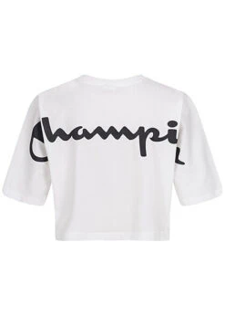Champion Damen Crop Top T-Shirt Mit Logo Back Print Weiss Schwarz