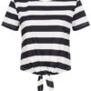 ONLY Damen T-Shirt Mit Knotendetail Und Streifen Navy Blau Weiss
