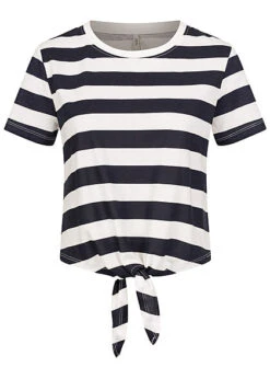 ONLY Damen T-Shirt Mit Knotendetail Und Streifen Navy Blau Weiss