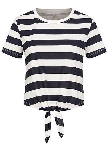 ONLY Damen T-Shirt Mit Knotendetail Und Streifen Navy Blau Weiss 1 ONLY Damen T-Shirt Mit Knotendetail Und Streifen Navy Blau Weiss