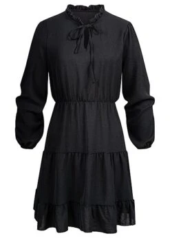 Cloud5ive Damen Stufenkleid Langarm Und Rüschendetails Schwarz