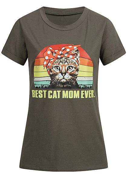 Styleboom Fashion Damen T-Shirt Mit Cat Mom Print Oliv Grün 1 Styleboom Fashion Damen T-Shirt Mit Cat Mom Print Oliv Grün