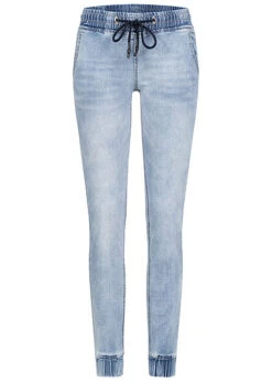 Seventyseven Lifestyle Damen Jogger Jeans Pant Hose Mit Rippbündchen Hell Blau Denim