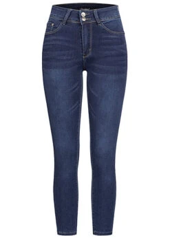 Seventyseven Lifestyle Damen Mid-Waist Skinny Jeans 2er Knopfleiste Dunkel Blau Denim