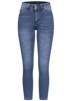 Seventyseven Lifestyle Damen Mid-Waist Skinny Jeans 2er Knopfleiste Hell Blau Denim