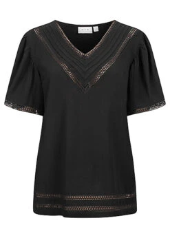 VILA Damen 2/4 Arm V-Neck Blusen Shirt M. Spitzenbordüre Schwarz