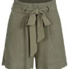 VILA Damen Viskose Leinen High-Waist Shorts 2-Pockets Bindegürtel Four Leaf Oliv