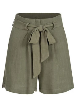 VILA Damen Viskose Leinen High-Waist Shorts 2-Pockets Bindegürtel Four Leaf Oliv