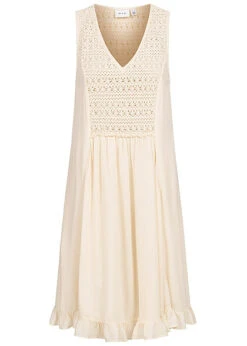 VILA Damen V-Neck Struktur Häkelkleid Mit Lochmuster Birch Beige