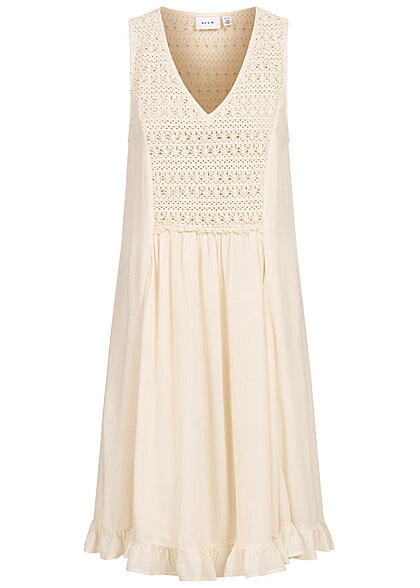 VILA Damen V-Neck Struktur Häkelkleid Mit Lochmuster Birch Beige 1 VILA Damen V-Neck Struktur Häkelkleid Mit Lochmuster Birch Beige