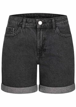 VILA Damen High-Waist Denim Shorts Mit Beinumschlag 5-Pockets Schwarz