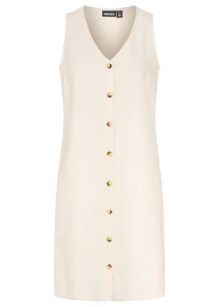 Pieces Damen V-Neck Leinen Kleid Mit Knopfleiste Whitecap Gray Natrual Beige