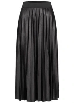 VILA Damen NOOS Midi Faltenrock Mit Elast. Bund Leicht Glänzend Schwarz