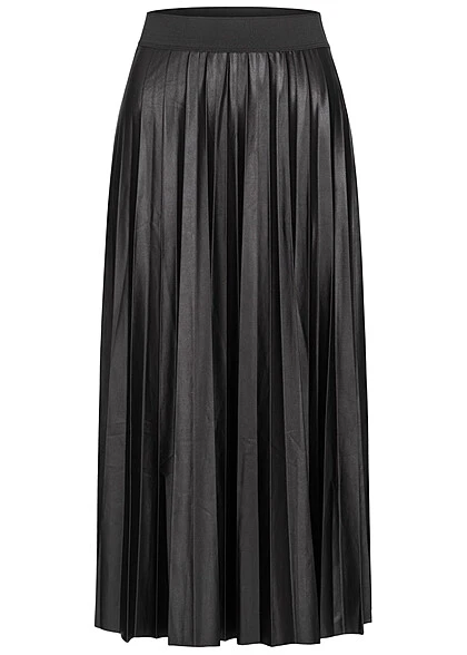 VILA Damen NOOS Midi Faltenrock Mit Elast. Bund Leicht Glänzend Schwarz 1 VILA Damen NOOS Midi Faltenrock Mit Elast. Bund Leicht Glänzend Schwarz
