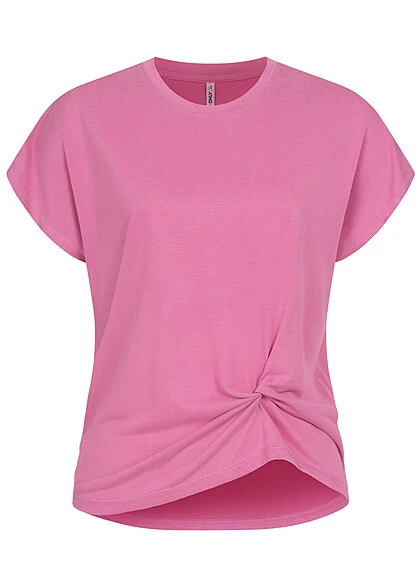 ONLY Damen T-Shirt Mit Knotendetail Vorn Super Pink 1 ONLY Damen T-Shirt Mit Knotendetail Vorn Super Pink