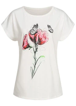 Cloud5ive Damen Viskose T-Shirt Mit Rosen Print Weiss