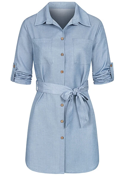 Cloud5ive Damen Kurzes Turn-Up Denim Kleid Mit Bindegürtel & 2 Brusttaschen Jeans Blau 1 Cloud5ive Damen Kurzes Turn-Up Denim Kleid Mit Bindegürtel & 2 Brusttaschen Jeans Blau