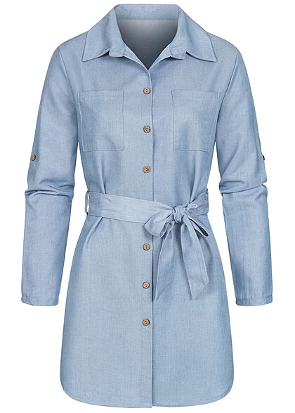 Cloud5ive Damen Kurzes Turn-Up Denim Kleid Mit Bindegürtel & 2 Brusttaschen Jeans Blau 2 Cloud5ive Damen Kurzes Turn-Up Denim Kleid Mit Bindegürtel & 2 Brusttaschen Jeans Blau – Bild 2