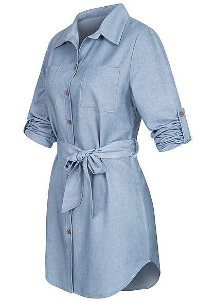 Cloud5ive Damen Kurzes Turn-Up Denim Kleid Mit Bindegürtel & 2 Brusttaschen Jeans Blau 3 Cloud5ive Damen Kurzes Turn-Up Denim Kleid Mit Bindegürtel & 2 Brusttaschen Jeans Blau – Bild 3