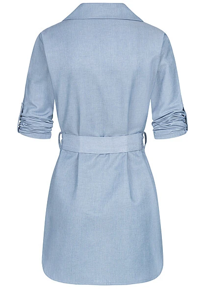 Cloud5ive Damen Kurzes Turn-Up Denim Kleid Mit Bindegürtel & 2 Brusttaschen Jeans Blau 4 Cloud5ive Damen Kurzes Turn-Up Denim Kleid Mit Bindegürtel & 2 Brusttaschen Jeans Blau – Bild 4