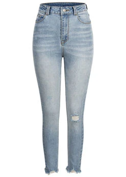 Cloud5ive Damen High-Waist Skinny Jeans Hose Mit Destroy Details 5-Pockets Medium Blau