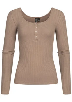 Pieces Damen NOOS Ribbed Longsleeve 4 Druckknöpfe Fossil Braun