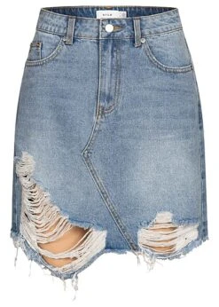 VILA Damen High-Waist Denim Mini Destroy Rock Medium Blau Denim