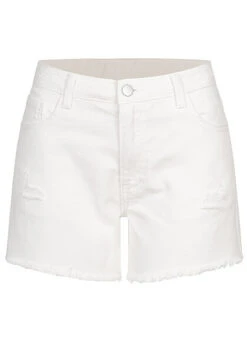 VILA Damen Denim Shorts Mit Fransen & Leichten Destroy Details Cloud Dancer Weiss