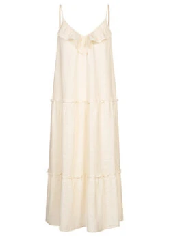 VILA Damen Midi V-Neck Trägerkleid In Stufenoptik Birch Beige