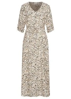 VILA Damen 3/4 Arm V-Neck Viskose Kleid Mit Blumen Print & Bindegürtel Asphalt Grau