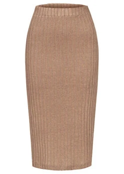 Vero Moda Damen Ribbed High-Waist Rock Mit Gummibund Silver Mink Braun Melange