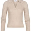 ONLY Damen V-Neck Rippstrick Polo Pullover Mit Kurzem Schnitt Pumice Stone Beige