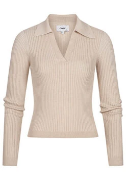 ONLY Damen V-Neck Rippstrick Polo Pullover Mit Kurzem Schnitt Pumice Stone Beige