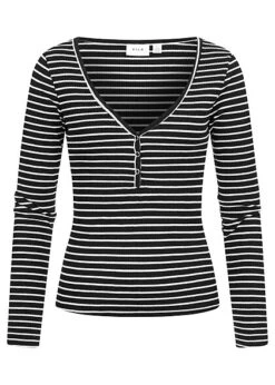 VILA Damen NOOS V-Neck Top Langarm Mit Knopfleiste Gestreift Schwarz Weiss