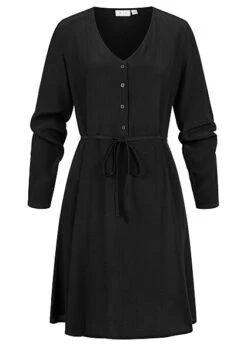 VILA Damen NOOS Langarm Kleid Mit Knopfleiste Und V-Neck Bindedetail Schwarz
