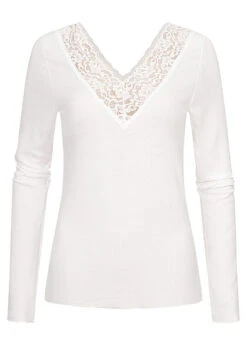 Pieces Damen NOOS Ribbed V-Neck Longsleeve Pullover Mit Spitze Weiss