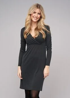 VILA Damen NOOS V-Neck Modal Langarm Kleid In Wickeloptik Schwarz