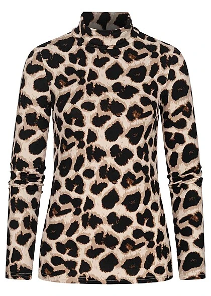 Pieces Damen High-Neck Top Longsleeve Mit Leo Print Schwarz Beige 1 Pieces Damen High-Neck Top Longsleeve Mit Leo Print Schwarz Beige